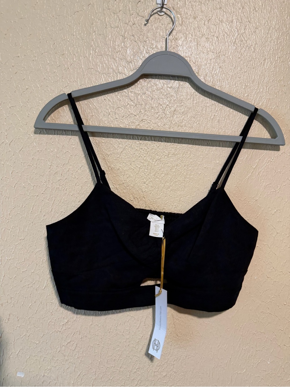 House of Harlow Black Twist Bra Crop Top‎ Smocked Size Small Linen Blend